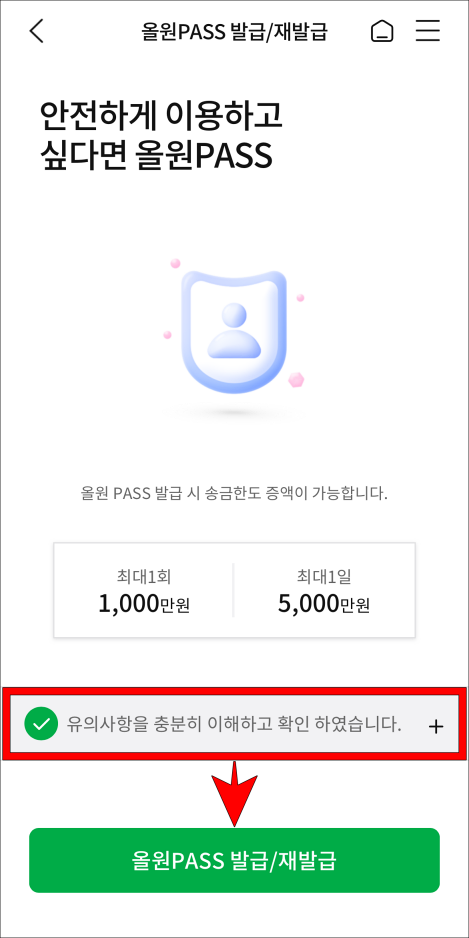 올원패스와 관련된 유의사항 확인에 체크하고, '올원PASS 발급/재발급'을 선택