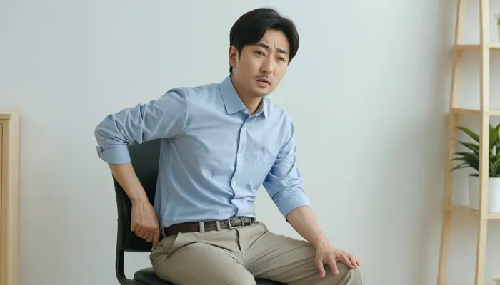 고관절 통증 원인으로 엉덩이 부위를 잡으며 불편해하는 모습