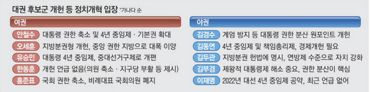 대권 후보군 개헌 등 정치개혁 입장 (출처 : 매일경제)