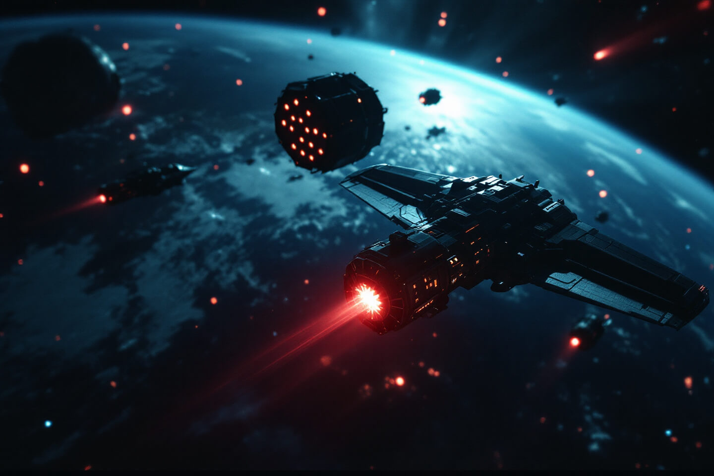 우주에서 진행 중인 전투를 묘사한 이미지. 전투 위성들이 지구 궤도를 돌며 붉은빛을 발사하고 있으며, 어두운 우주 배경에 빛나는 별들이 보임.