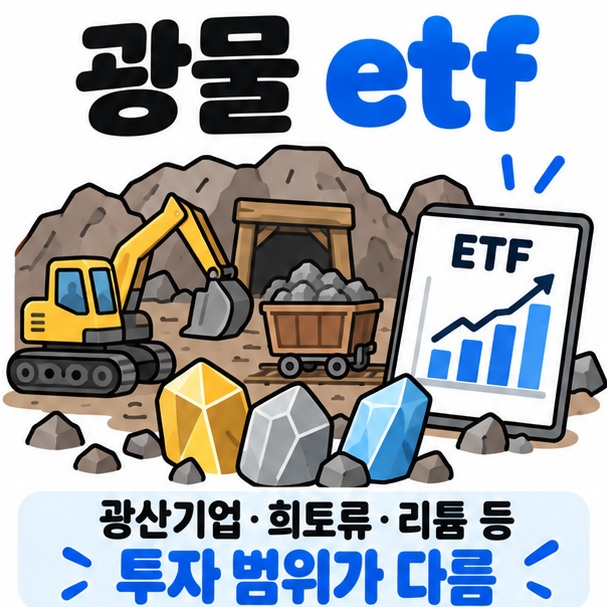 광산 광물 결정체와 ETF 차트 아이콘을 중심으로 광물 etf 문구를 보여주는 대표 카드뉴스 이미지