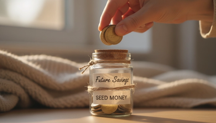 작은 유리병에 동전을 넣는 손, 근로장려금으로 종잣돈을 모아 미래를 준비하는 모습.