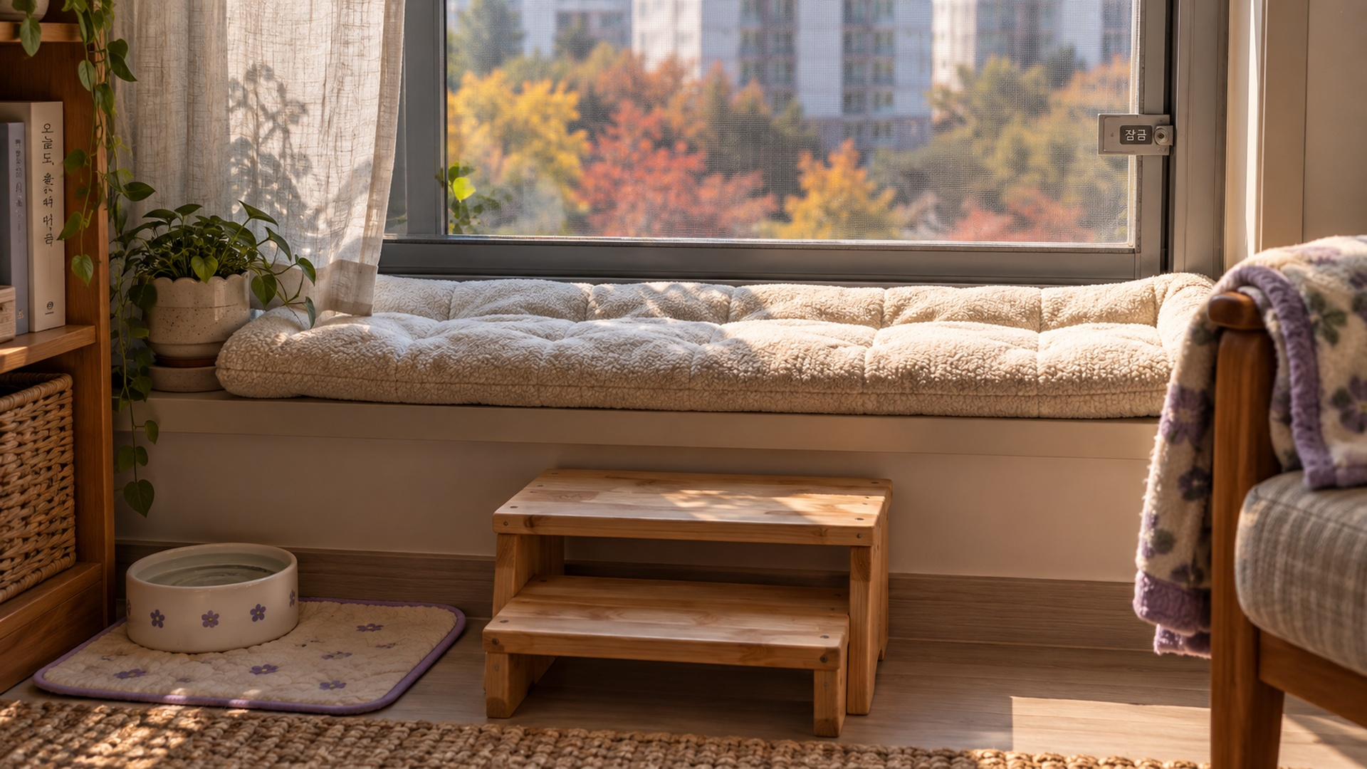 방석과 낮은 발판을 둔 창가 자리