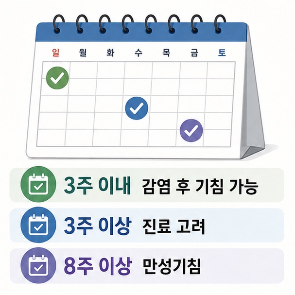 기침이 3주 이상 지속되면 진료를 고려하고 성인에서 8주 이상이면 만성기침으로 분류됨을 설명한 이미지