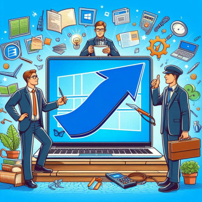 비즈니스 회의에서 노트북을 활용해 성장 전략을 논의하는 장면