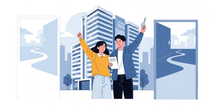 밝은 미소를 띠고 아파트 앞에서 열쇠를 든 청년, 전세 대출 선택의 희망을 상징하는 이미지