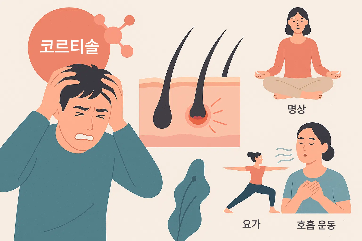 스트레스로 머리를 감싸쥔 사람, 코르티솔 호르몬 분비 그래픽, 두피를 긁어 상처가 생긴 모습, 명상·요가·호흡 운동으로 스트레스를 완화하는 장면