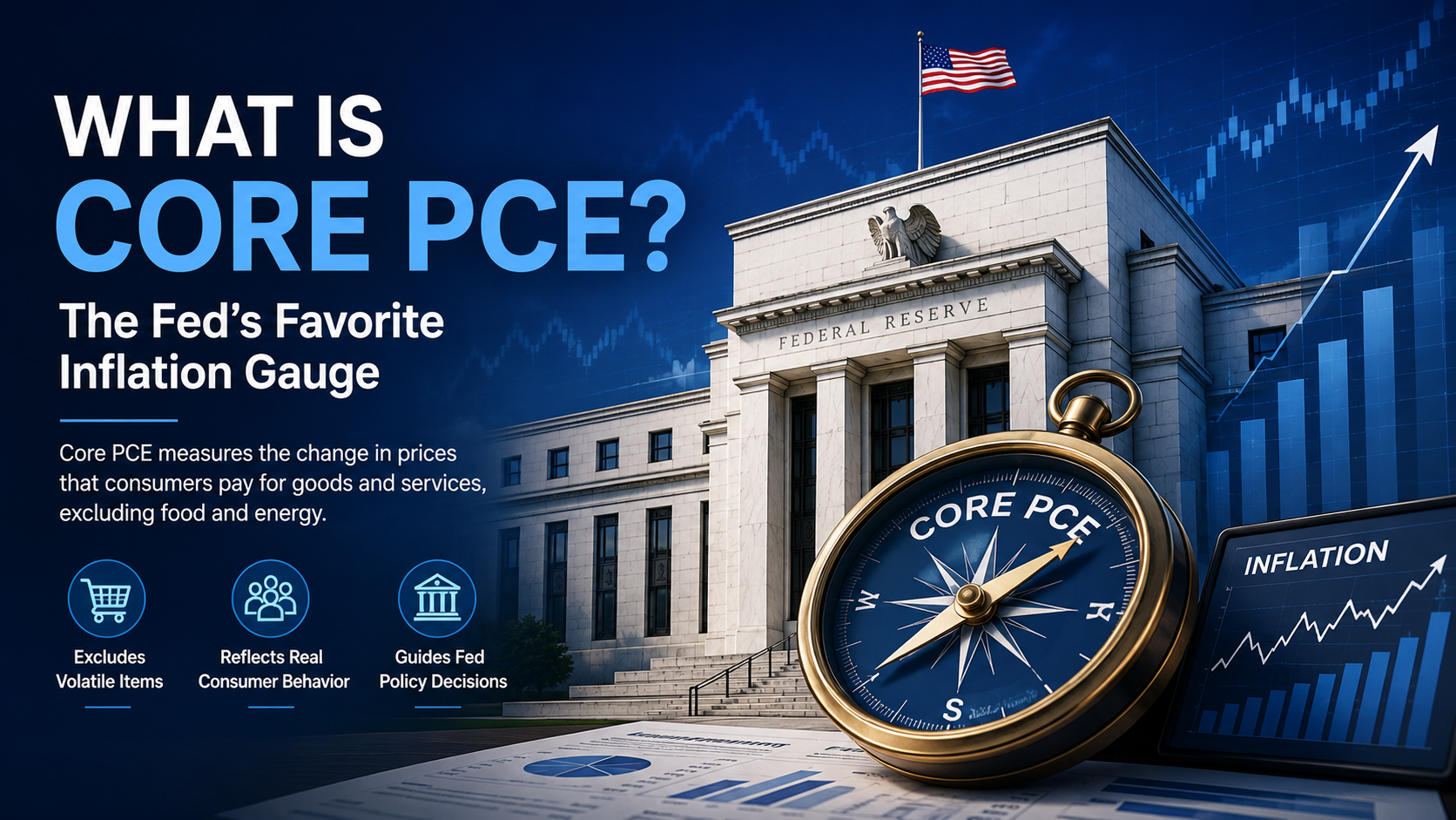 Federal Reserve building and Core PCE inflation gauge with financial charts illustrating monetary policy and inflation trends