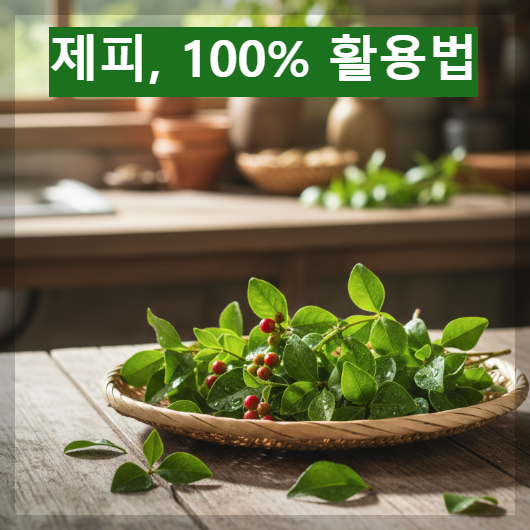 산 속에서 갓 채취한 신선한 녹색 제피 열매와 갈색으로 잘 말린 제피 가루가 정갈한 종지에 담긴 이미지