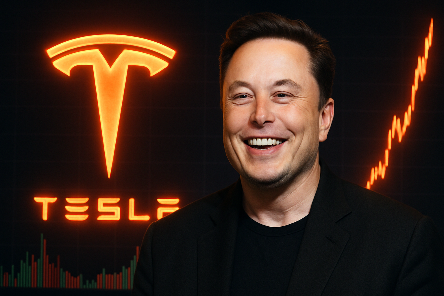 어두운 배경 위에 테슬라 로고와 함께 환하게 웃으며 등장하는 엘론 머스크