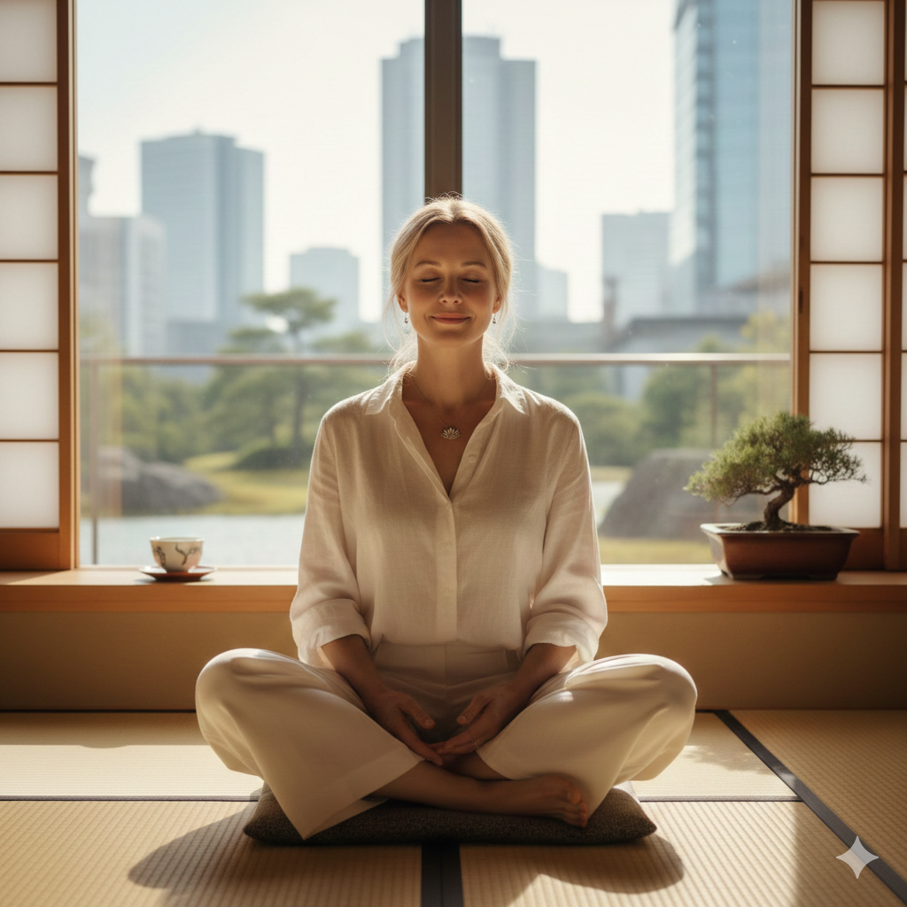 완벽주의에서 벗어나 자기수용을 실천하는 사람의 평온한 모습 (이미지 생성:google)