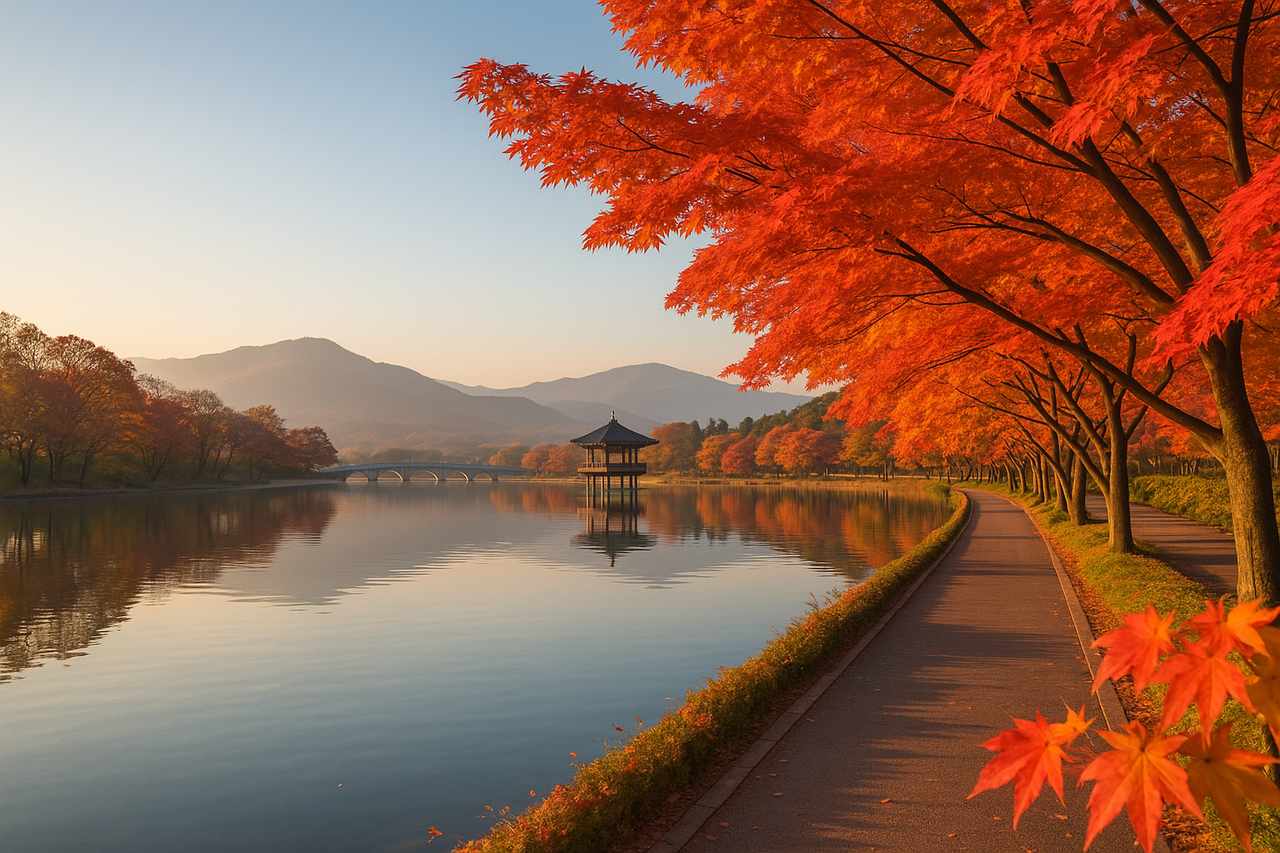 고요한 호수와 붉게 물든 단풍나무 산책로, 호수 위 정자와 아치형 다리가 보이는 맑은 가을 아침 풍경, 경주 보문호 단풍길 모습