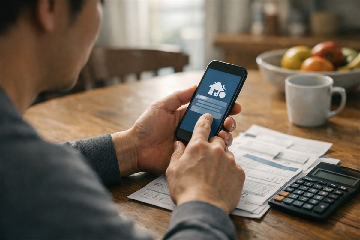 한국 아파트 식탁에서 스마트폰으로 지원금 관련 안내를 확인하는 손 장면 