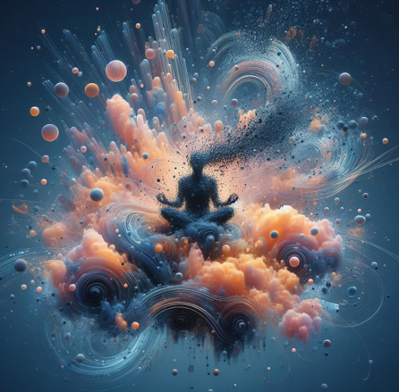 우주적 에너지와 구름 속에 앉아 명상하는 인물의 추상 일러스트 – 마음가짐과 내면의 변화를 상징하는 이미지