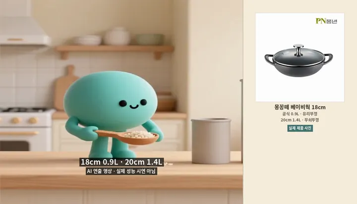 18cm 0.9L와 20cm 1.4L 용량 차이를 보여주는 AI 연출 반복 영상