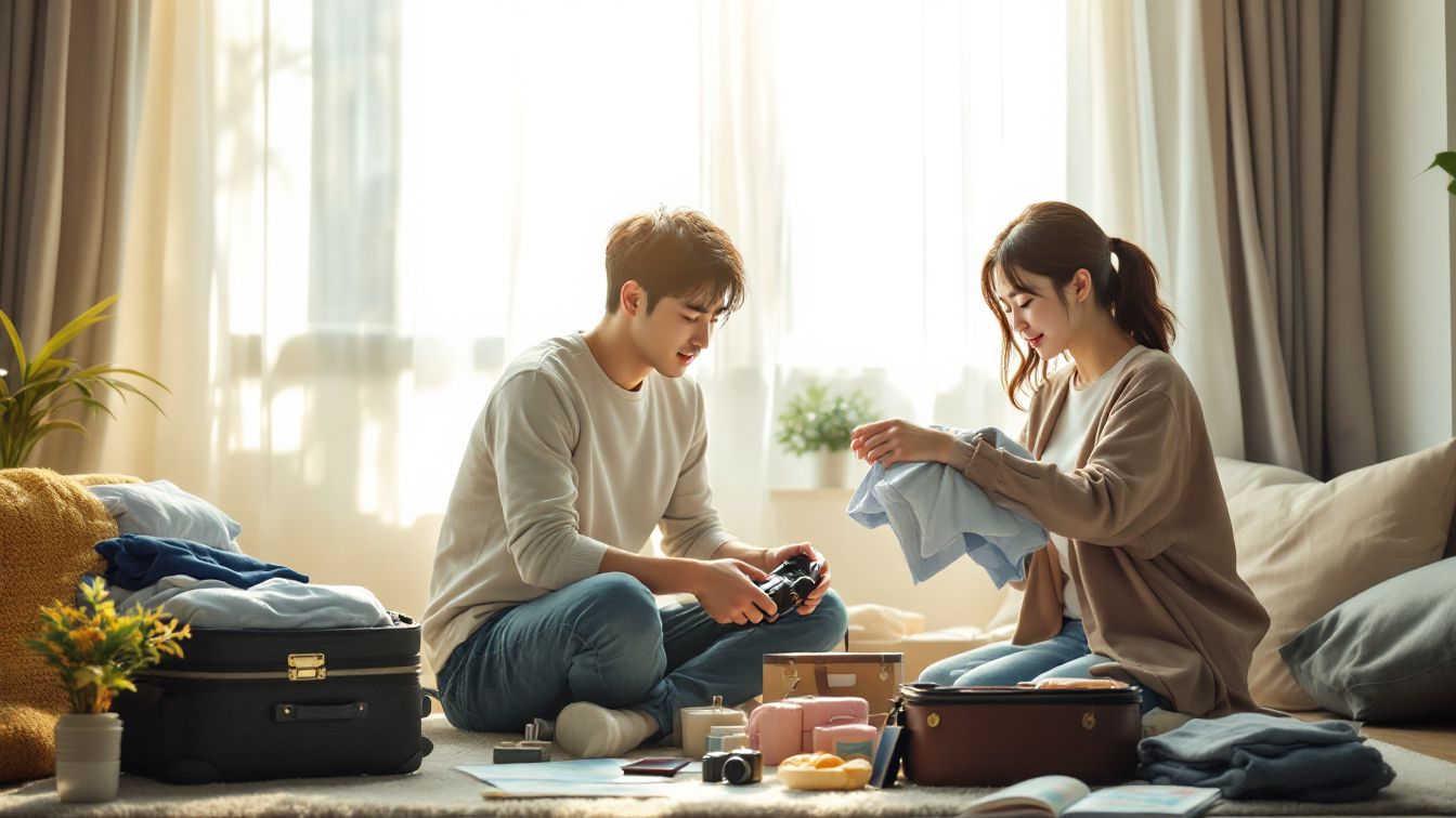 밝은 방에서 20대 한국 남녀 커플이 여행 준비를 하며 캐리어에 짐을 싸는 모습