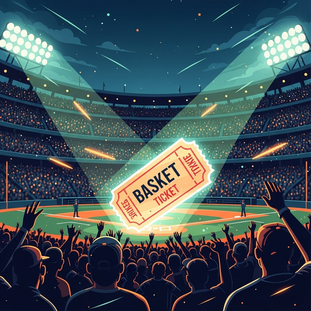 환호하는 야구팬들로 가득 찬 한국시리즈 경기장 위로 빛나는 야구 티켓이 떠오르는 역동적인 이미지.
