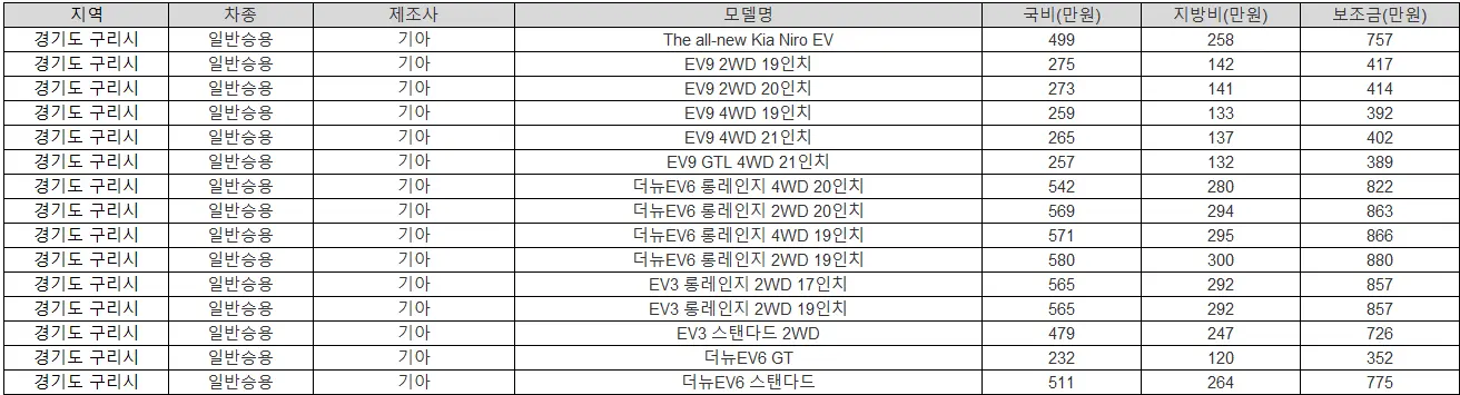 2025년 경기도 구리 전기차 보조금 현대