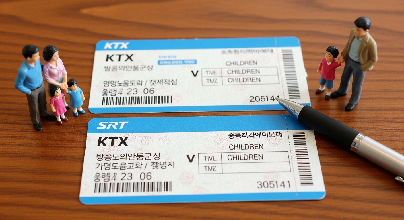 KTX와 SRT 열차 티켓이 나란히 놓여 있고, 각 열차사의 다자녀 할인 기준을 비교하는 모습