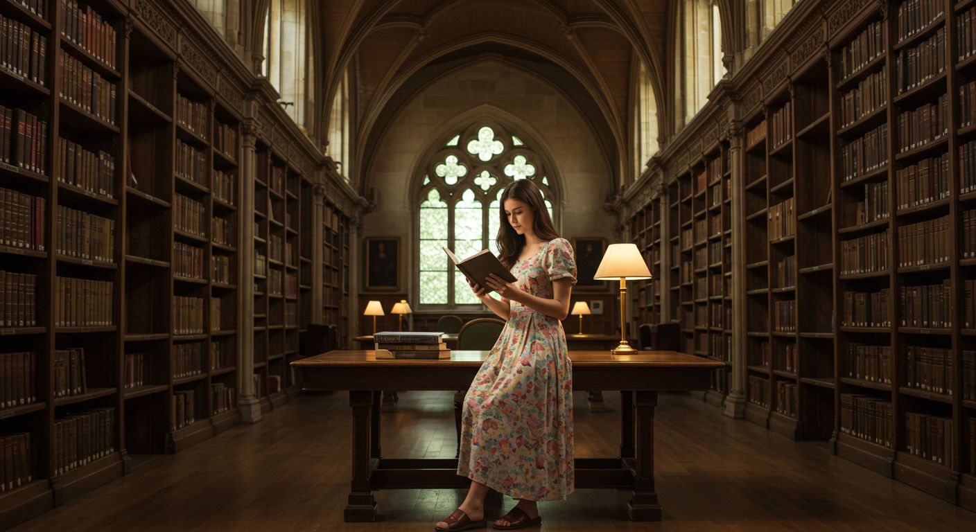 도서관에서 책을 읽고 있는 여성의 모습