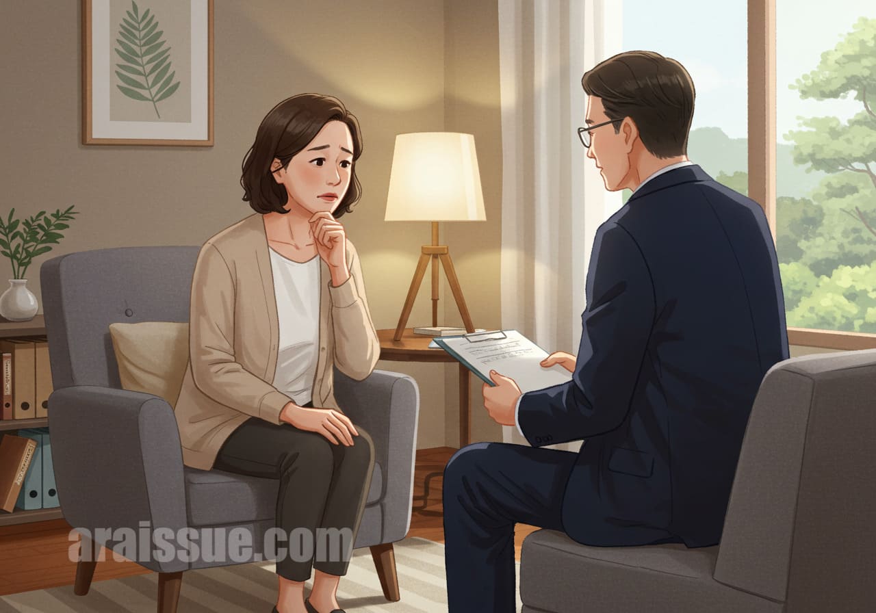 편안한 분위기에서 상담받는 중년 여성