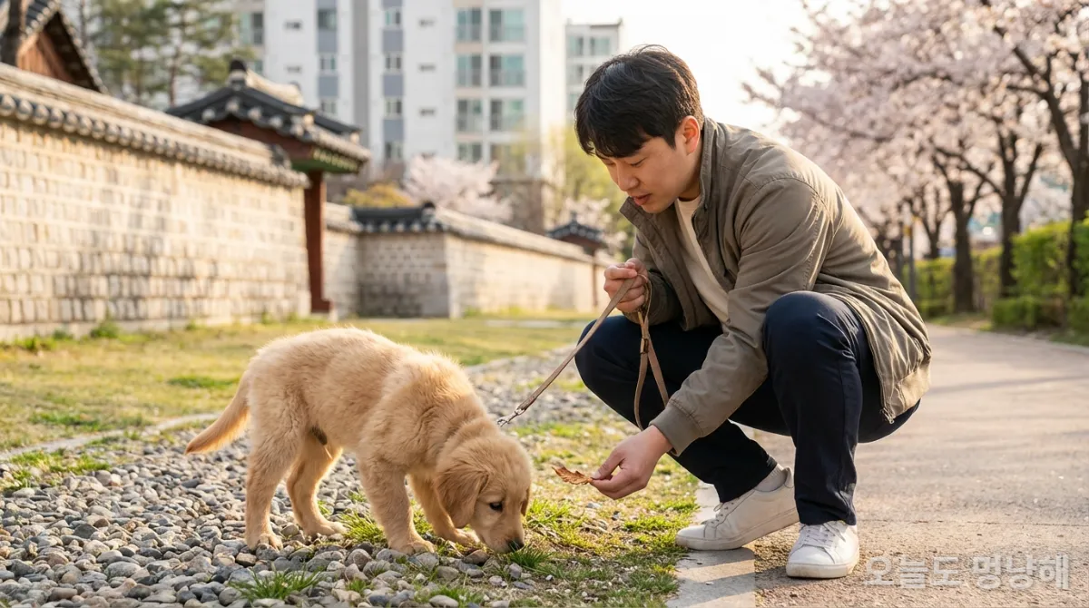 한국인 남성이 공원에서 강아지에게 리드줄 산책 훈련을 시키며 간식을 주는 모습