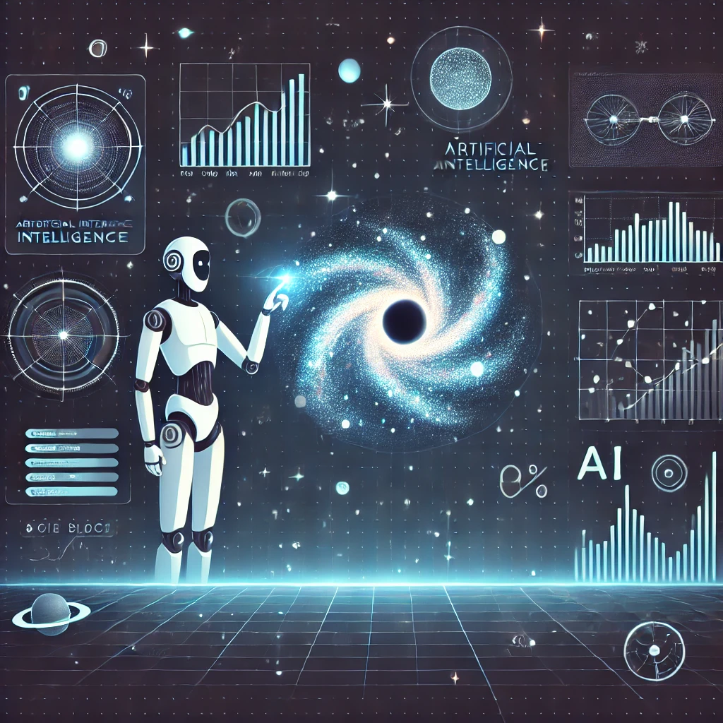 AI가 천체 데이터를 분석하는 우주 배경의 디지털 일러스트