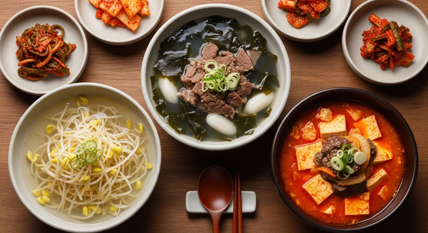 따뜻하고 먹음직스러운 한식 기본 국물 요리 세 가지 (콩나물국, 미역국, 순두부찌개)가 정갈하게 차려진 상차림.