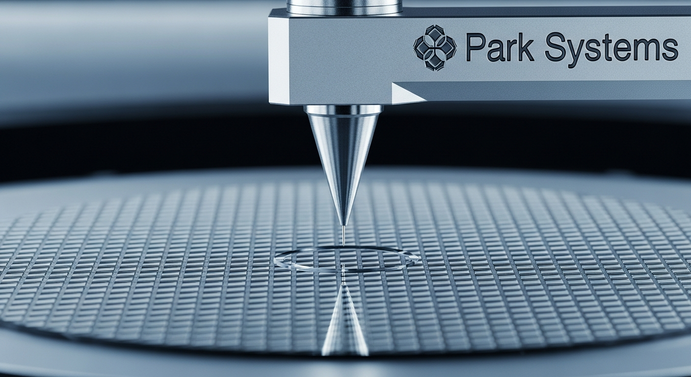 원자현미경(AFM)이 웨이퍼 표면을 스캔하는 모습. 격자 무늬 위를 움직이는 날카로운 탐침. 과학적이고 정밀한 시각화. 파크시스템스 상징.