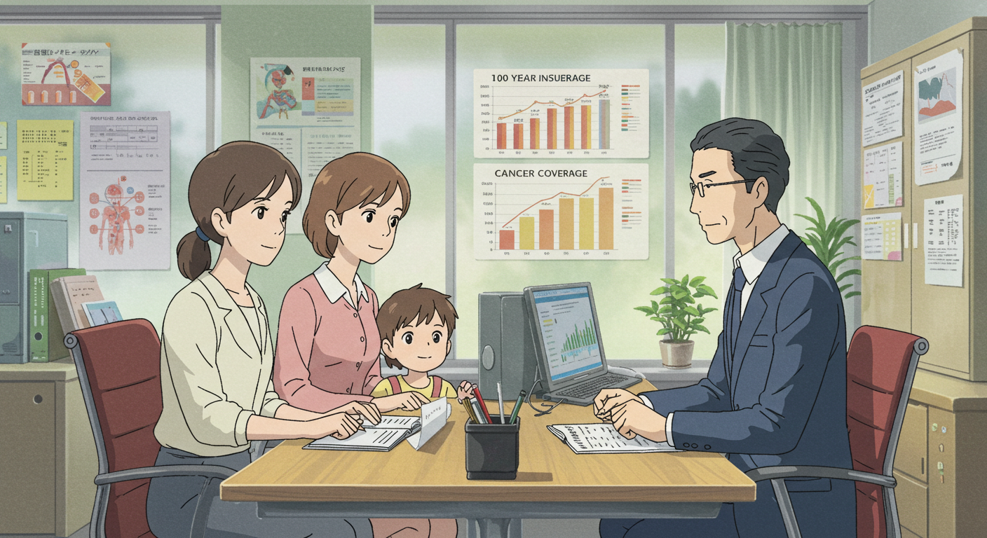암보험 시장 변화를 상담하는 가족과 설계사