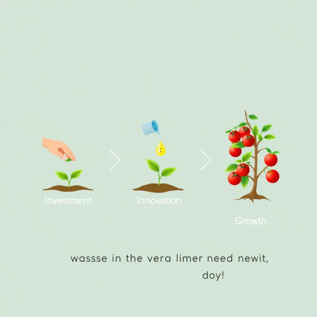 씨앗을 심고 물을 주어 열매를 맺는 과정을 단계별 아이콘으로 표현하되, 씨앗이 '투자'이고 열매가 '혁신'과 '성장'임을 명시합니다. 직접적인 투자로 가치를 창출하는 과정을 강조합니다.