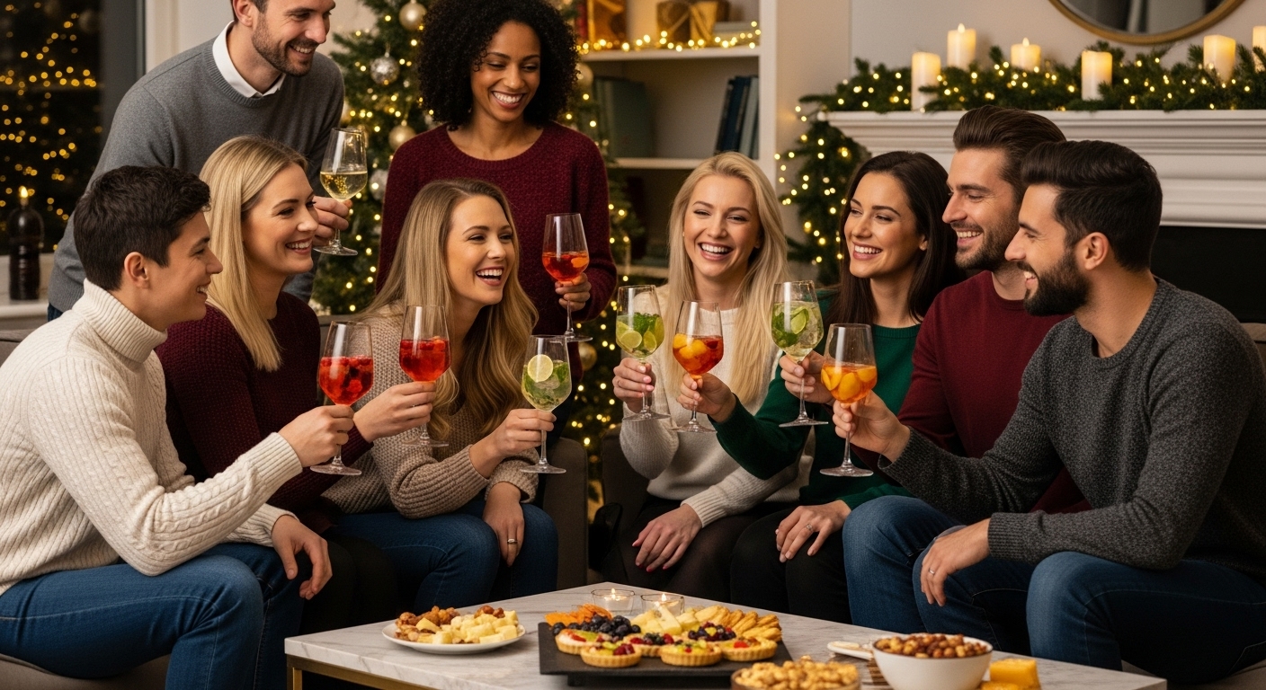 연말 홈파티에서 다양한 친구들이 무알코올 와인 잔을 들고 즐겁게 건배하는 모습. 건강하고 화목한 파티 분위기를 보여줍니다.