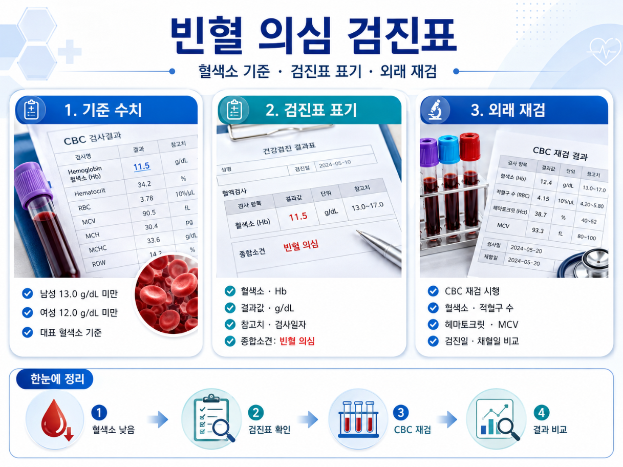 빈혈 의심 검진표에서 남성 13.0g/dL 미만, 여성 12.0g/dL 미만 혈색소 기준과 CBC 외래 재검 항목을 설명한 의료 인포그래픽
