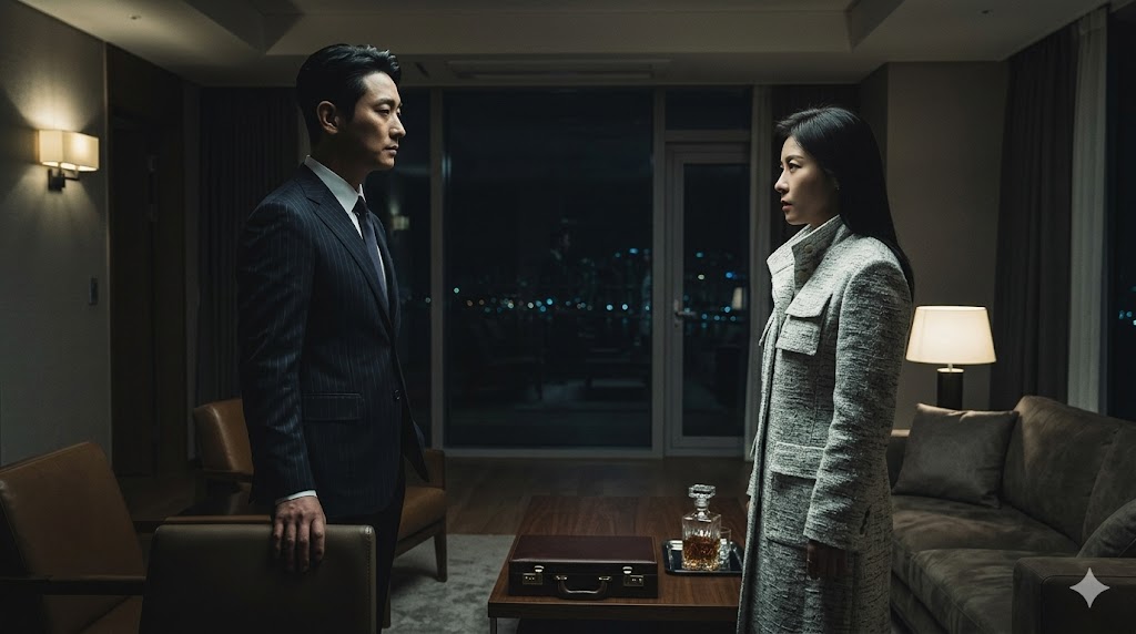 ENA 월화드라마 클라이맥스 어두운 조명 아래서 방태섭 역을 맡은 주지훈과 추상아 역을 맡은 하지원이 날 선 대립을 하며 팽팽하게 맞서고 있는 긴장감 넘치는 장면