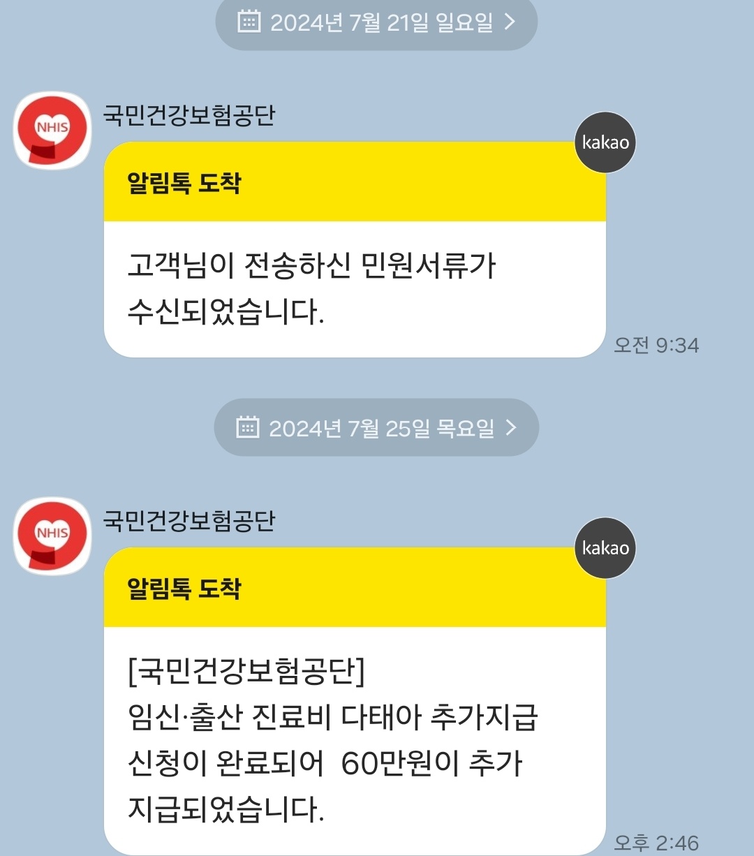 건강보험공단 카톡 접수 완료 사진