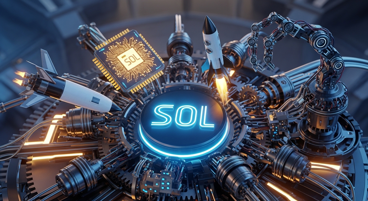 반도체 칩, 로켓, 로봇 팔이 정교하게 맞물려 돌아가는 톱니바퀴 위로 'SOL' 로고가 빛나는 화려한 하이테크 배경 이미지