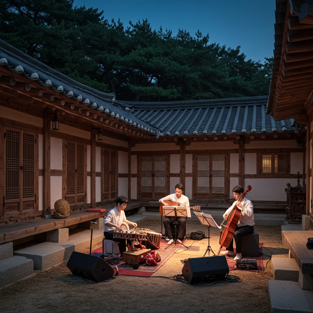 전통 한옥 마당에서 펼쳐지는 월드뮤직 공연 모습.