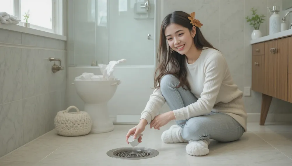 욕실 하수구 냄새 없애는 방법으로 바닥 트랩에 물을 붓는 모습