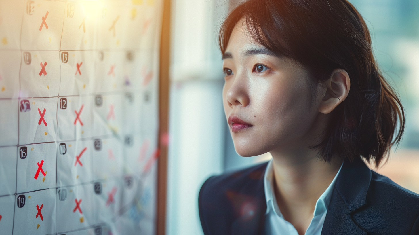 달력에 표시된 연차를 보고 심난해하는 직장인 사진