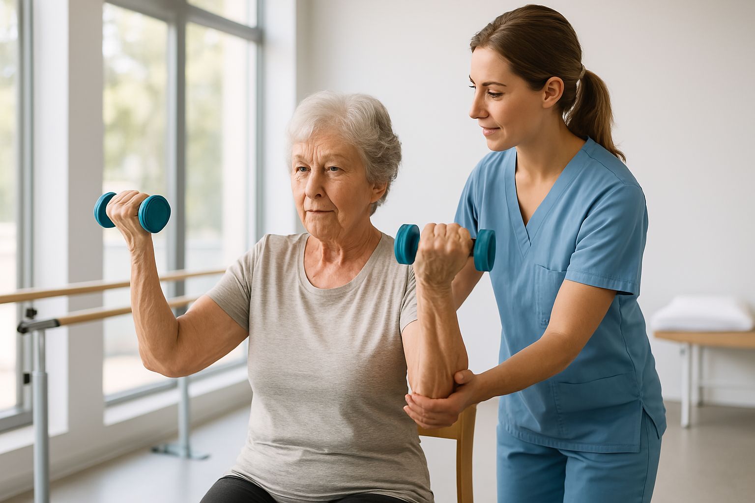 전문 트레이너의 지도 아래 의자에 앉아 가벼운 덤벨을 이용해 상체 근력 운동을 하고 있는 75세 여성