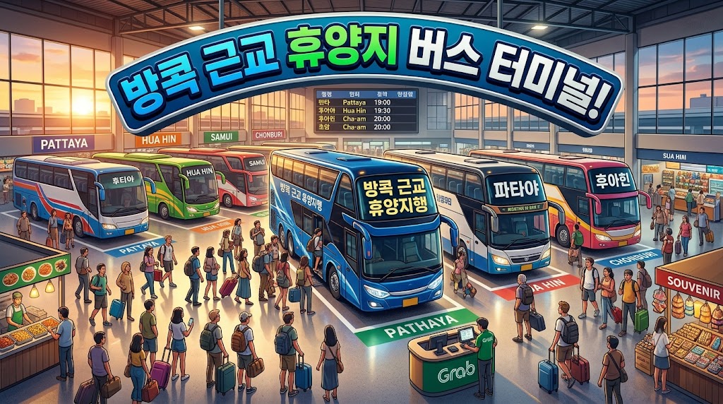 방콕 동부 에카마이 버스터미널에서 파타야로 향하는 시외버스가 대기하고 있는 모습