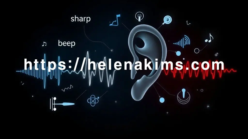 어둡고 신비로운 배경 중앙에 인간의 귀, 귀 내부에서 시작되어 밖으로 퍼져나가는 듯한 다양한 형태의 소리 파동과 추상적인 심볼들이 조화롭게 배치된 이미지.