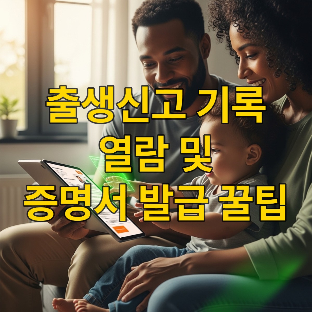웃고 있는 부모가 태블릿으로 아이의 출생 기록을 확인하며 안심하는 모습. 따뜻한 집안 분위기 속에서 아이가 행복하게 놀고 있다.