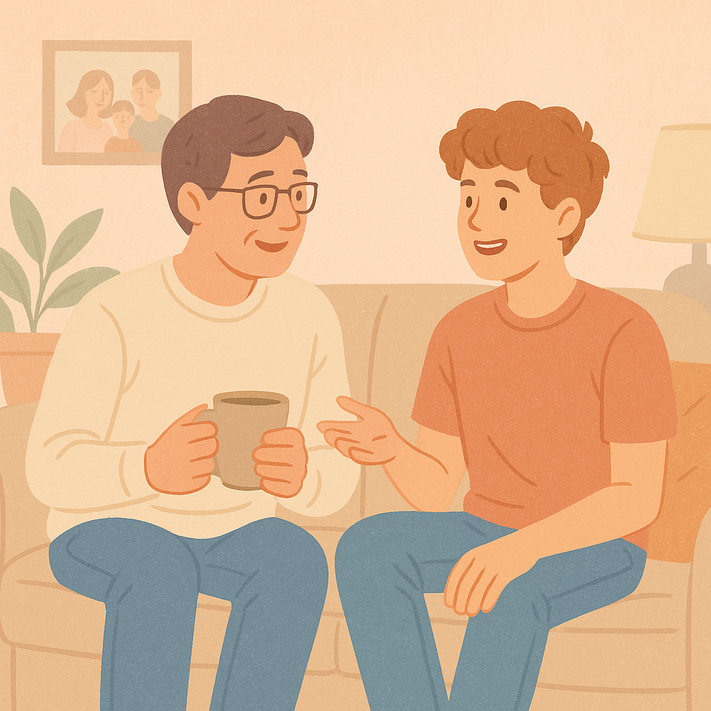 부모와 십대 자녀가 소파에 앉아 따뜻한 대화를 나누는 장면