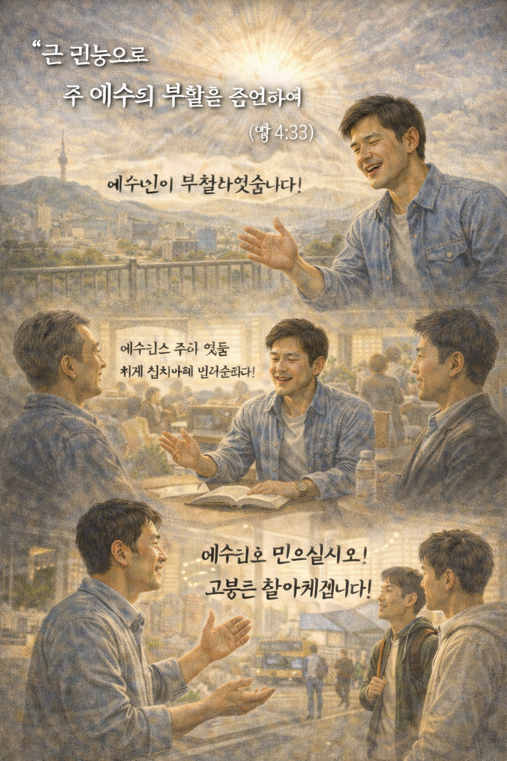 행 4:33 말씀에서&amp;#44; 제자들이 예수 그리스도의 죽은 자 가운데서 다시 살아나신 것을 말할 때 하나님께서는 크신 능력을 더해주신 것을 볼 때&amp;#44; 하나님께서 베푸시는 능력을 경험하는 방법 중 하나는 복음 전하려는 시도를 하는 것이라 생각되었고&amp;#44; 오늘도 서울을 다녀오고 다양한 사람들을 만날 때 복음 전하려는 시도를 하는 모습입니다.