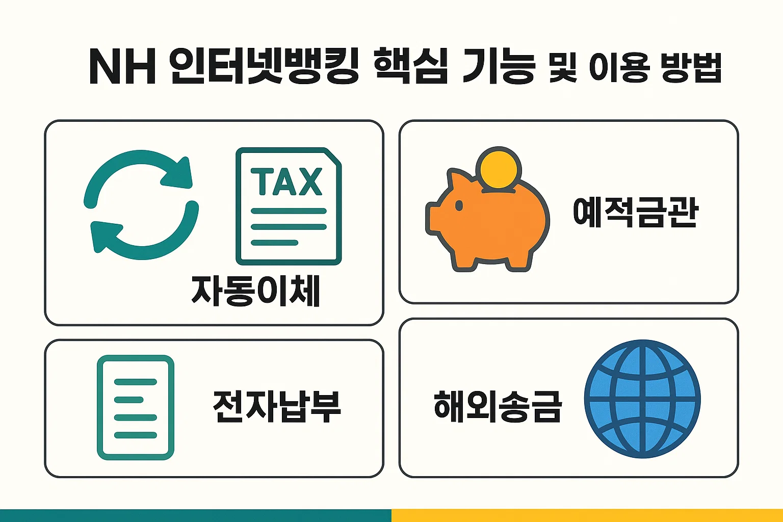 NH인터넷뱅킹의 자동이체, 예적금 관리, 전자납부, 해외송금 등 핵심 기능을 효율적으로 이용하는 방법을 안내하는 인포그래픽 이미지입니다. 실사용 중심의 개인 인터넷뱅킹 활용 가이드입니다.