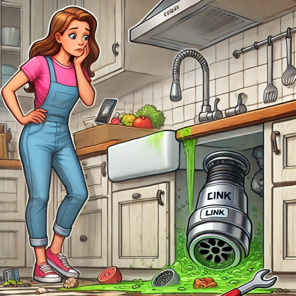 린크 음식물처리기에서 냄새가 나는 주방을 걱정스럽게 바라보는 주부