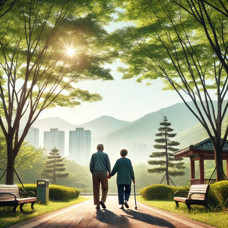 공원에서 여유롭게 산책하는 노년의 부부