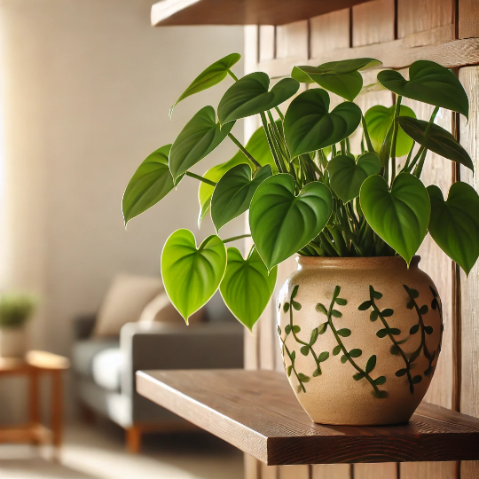 동글동글 초록잎의 나무화분모습 실내탁자위