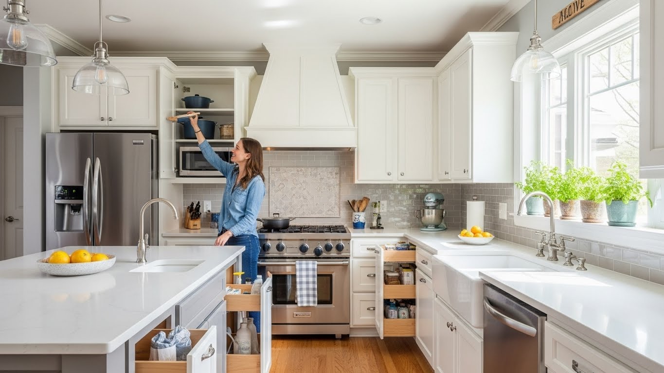 생활 동선이 편리하고 수납이 잘 된 기능적인 주방에서 만족하는 주부